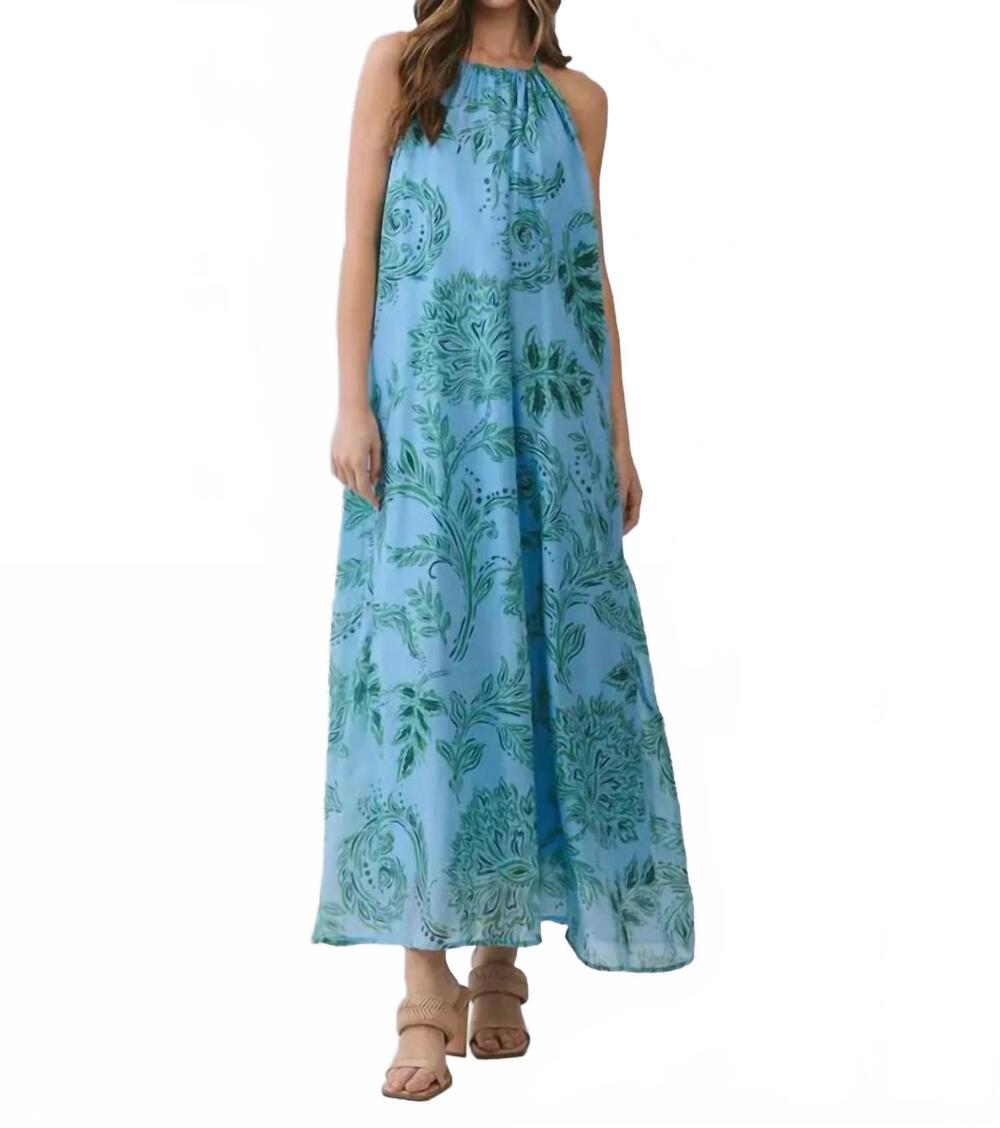 NEW TCEC floral high neck flowy maxi dress in blue print